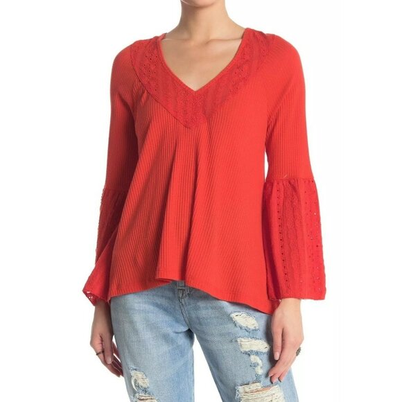 Free People Parisian Night Top Size Large Embroidered V Neck Bell Sleeve Red - Picture 1 of 8